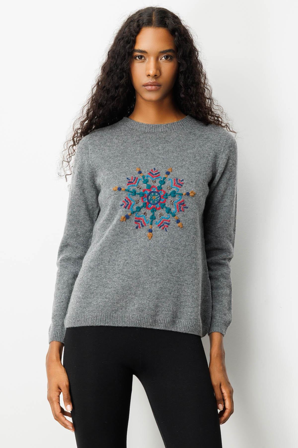 25212Kadın Sıfır Yaka Kartanesi İşlemeli Yün Kazak Füme