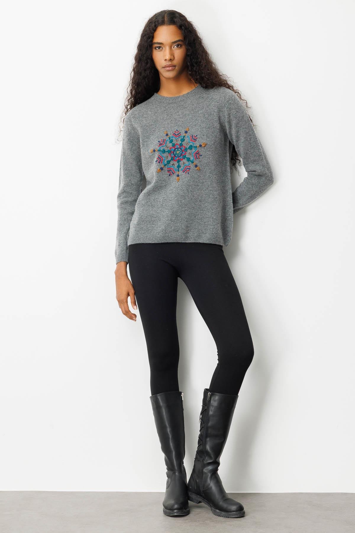 25212Kadın Sıfır Yaka Kartanesi İşlemeli Yün Kazak Füme