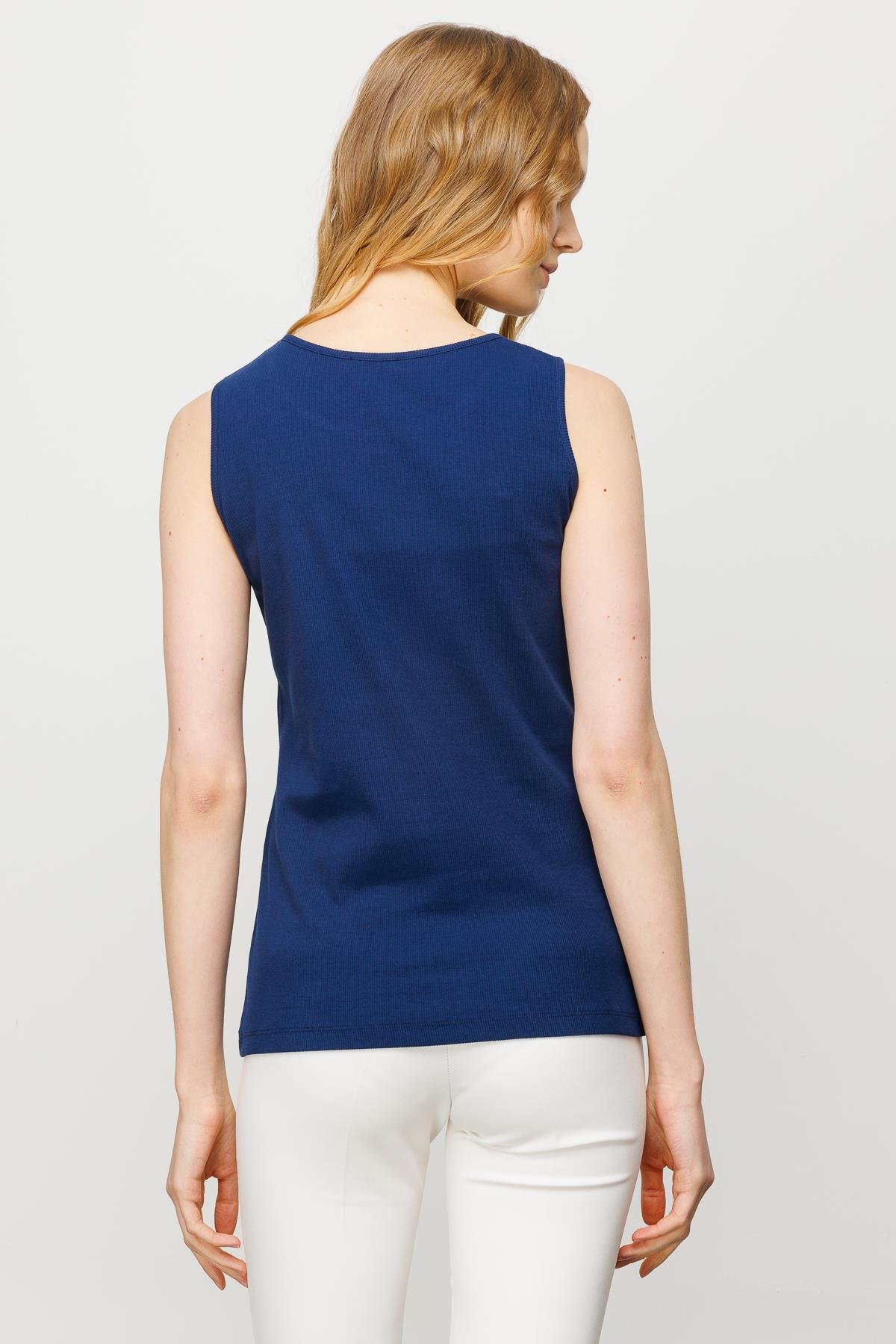 23772Kadın Sıfır Yaka Kaşkorse Pamuklu Askılı T-shirt Lacivert