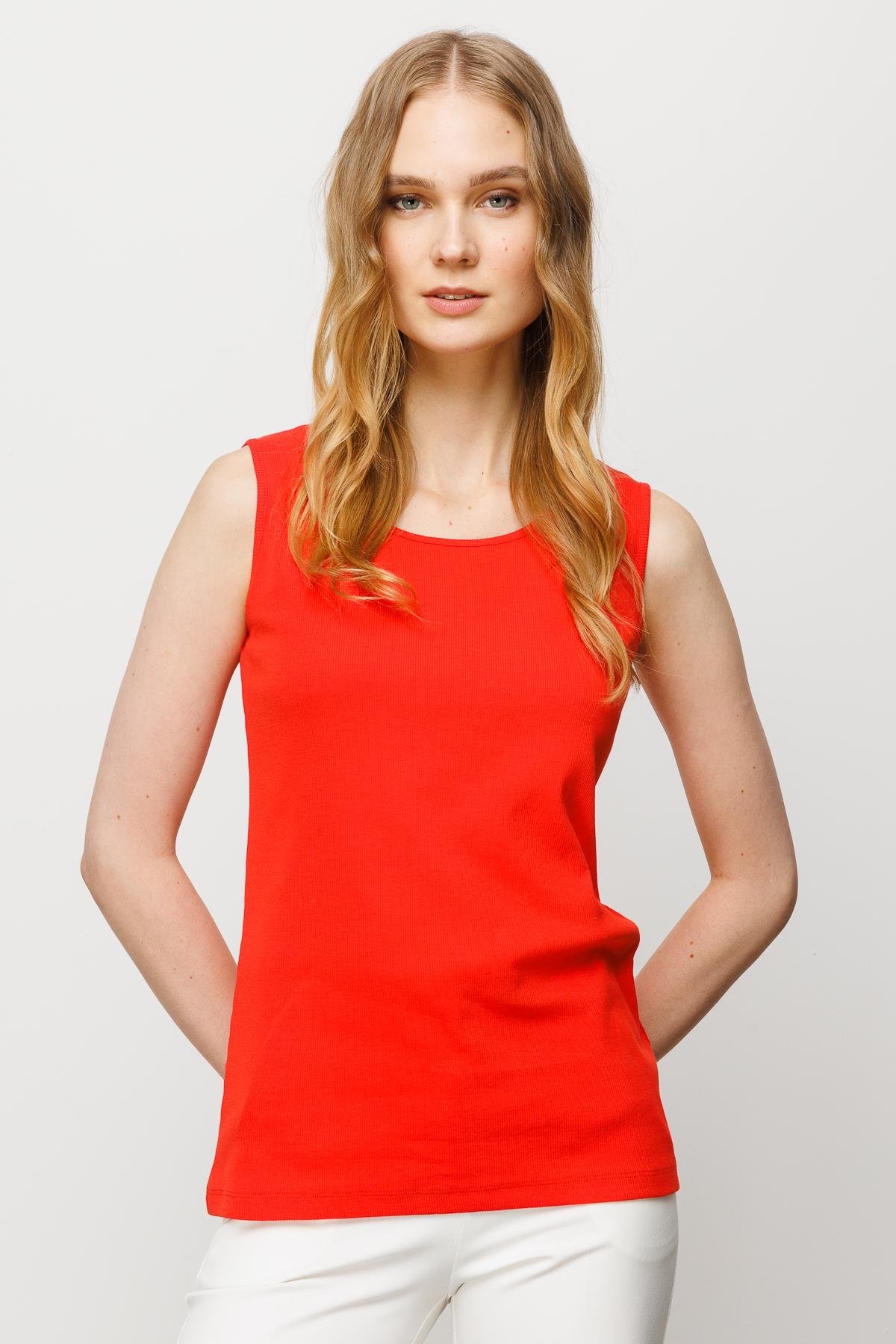 23772Kadın Sıfır Yaka Kaşkorse Pamuklu Askılı T-shirt Oranj