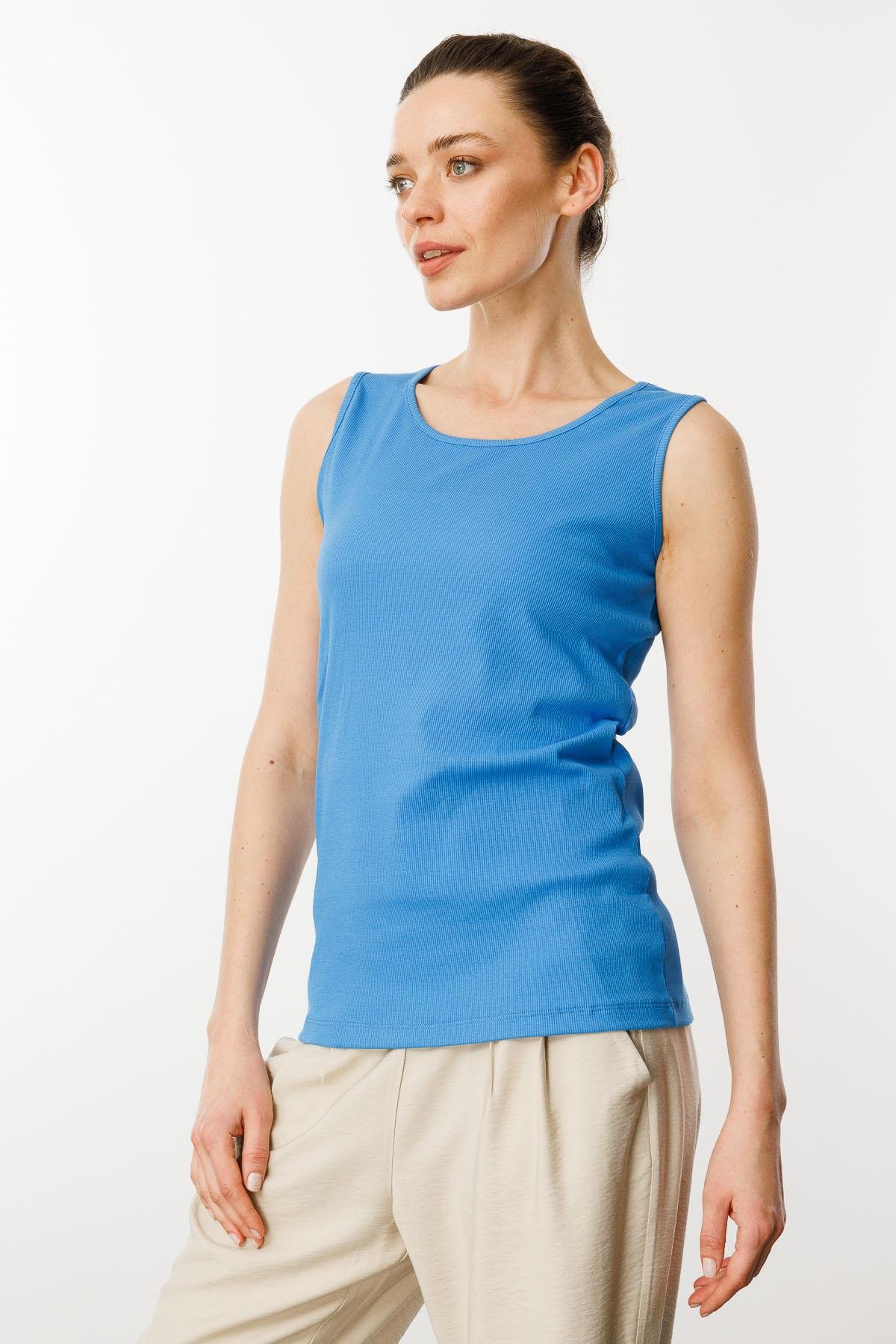 23772Kadın Sıfır Yaka Kaşkorse Pamuklu Askılı T-shirt Mavi
