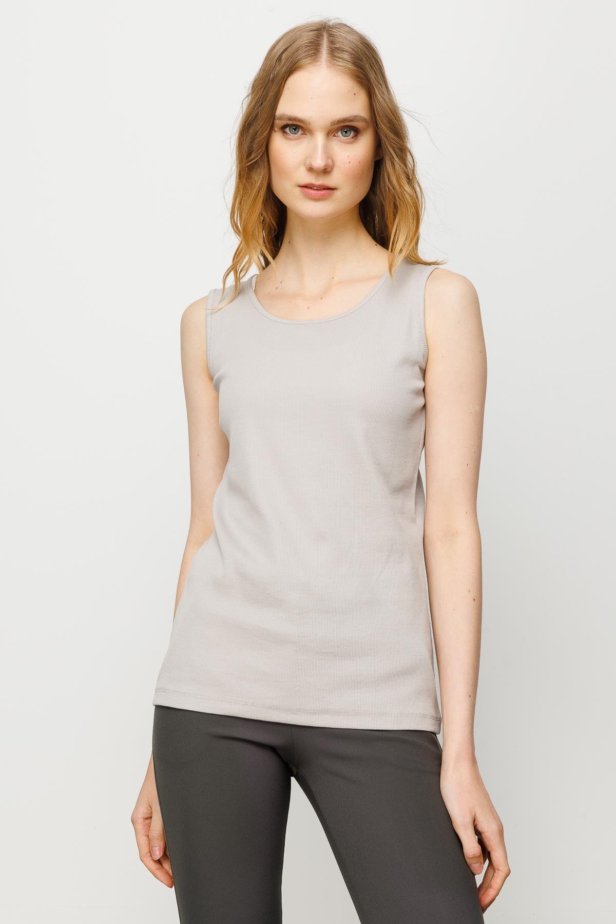 23772Kadın Sıfır Yaka Kaşkorse Pamuklu Askılı T-shirt Taş