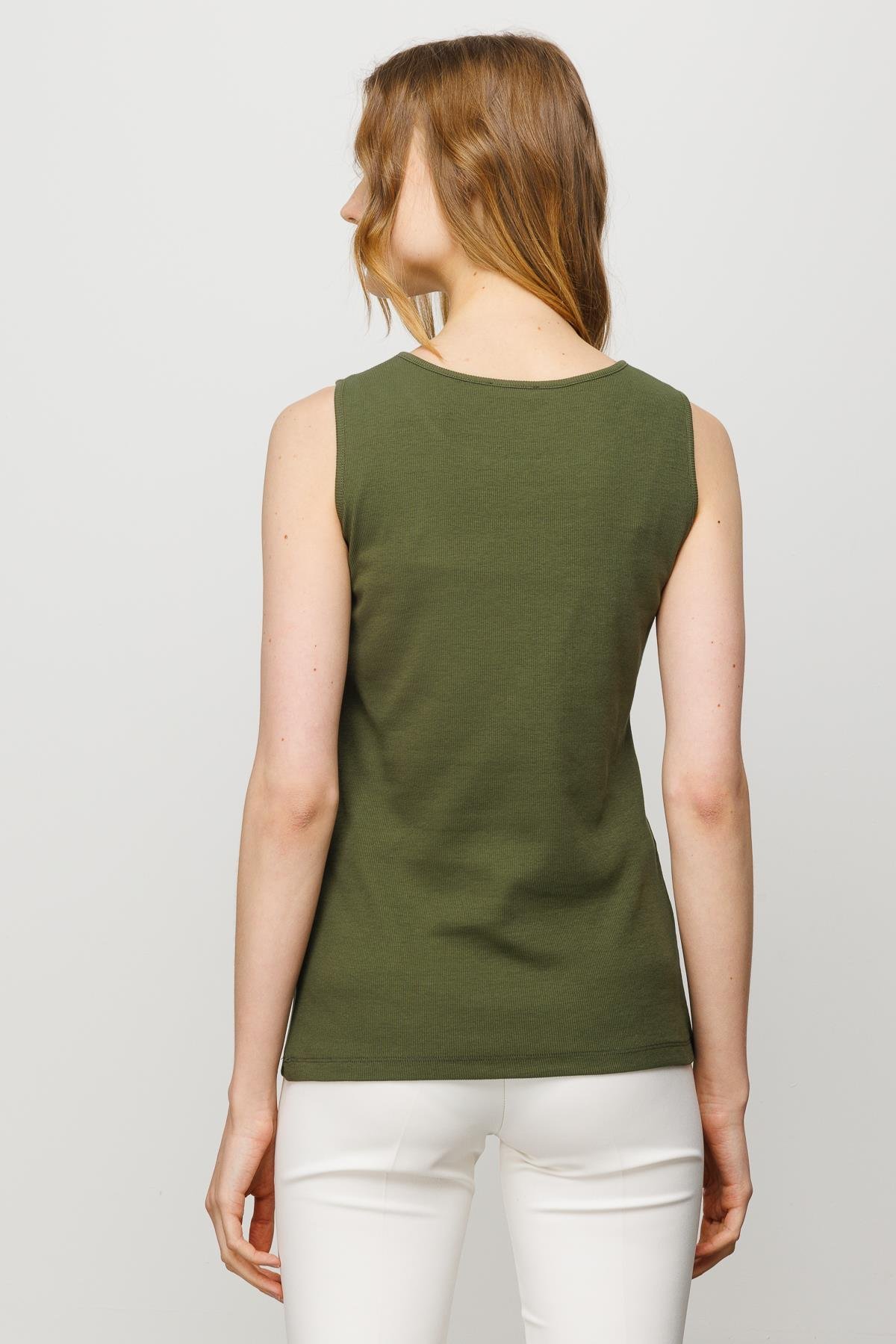 23772Kadın Sıfır Yaka Kaşkorse Pamuklu Askılı T-shirt Haki