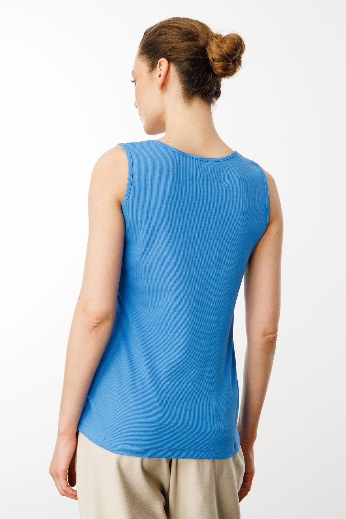 23772Kadın Sıfır Yaka Kaşkorse Pamuklu Askılı T-shirt Mavi