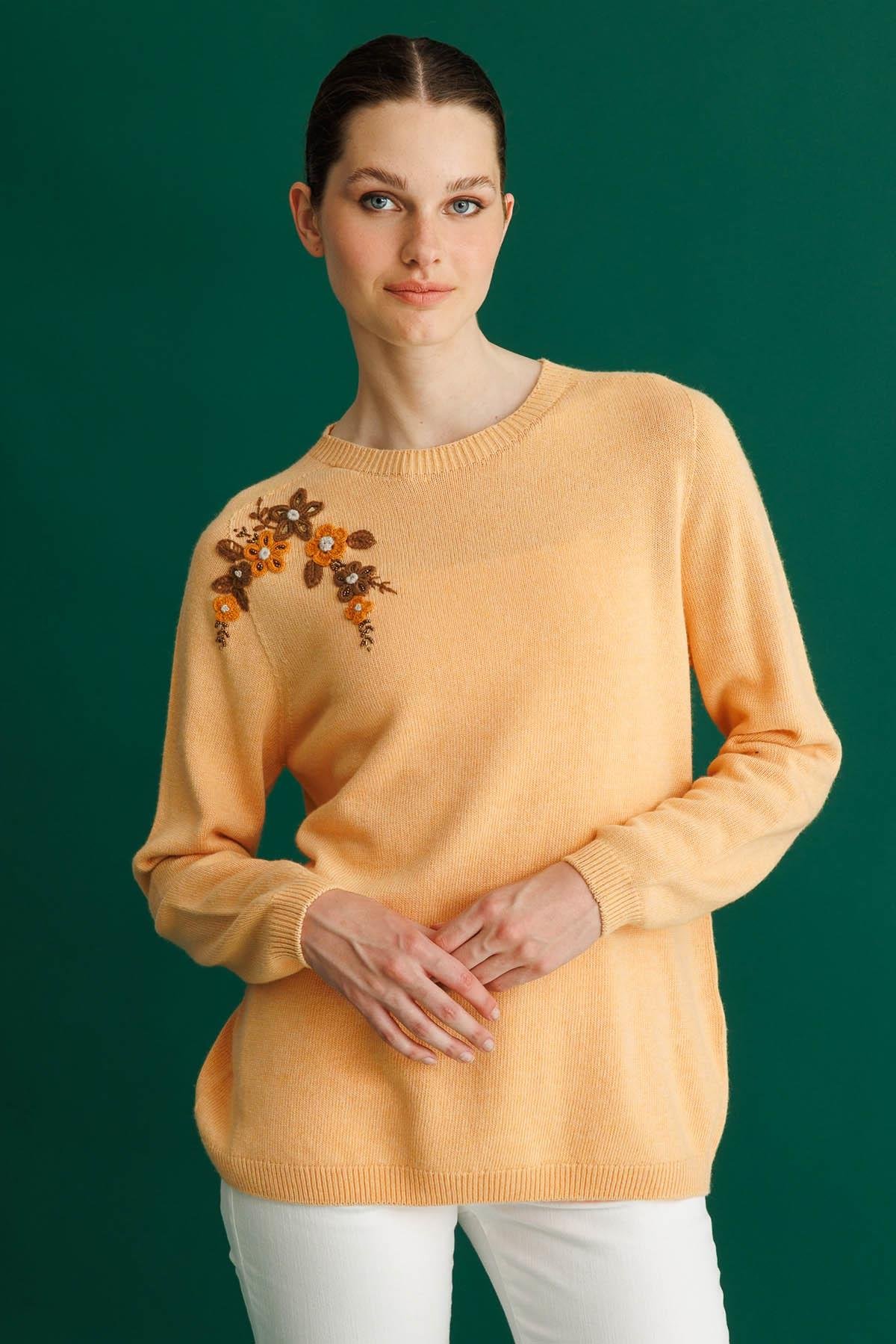 25153Kadın Sıfır Yaka Kaşmir Kazak Somon