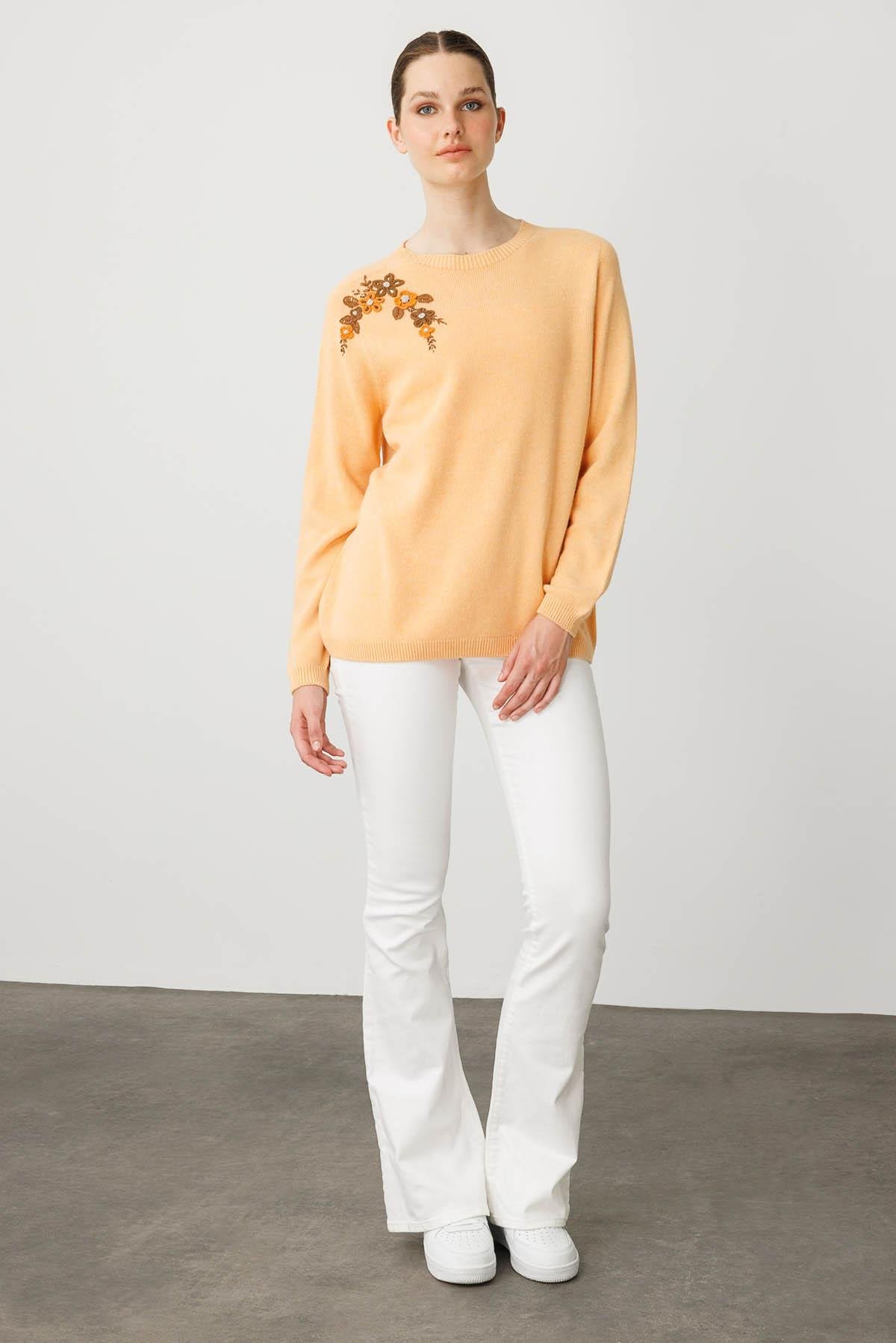 25153Kadın Sıfır Yaka Kaşmir Kazak Somon