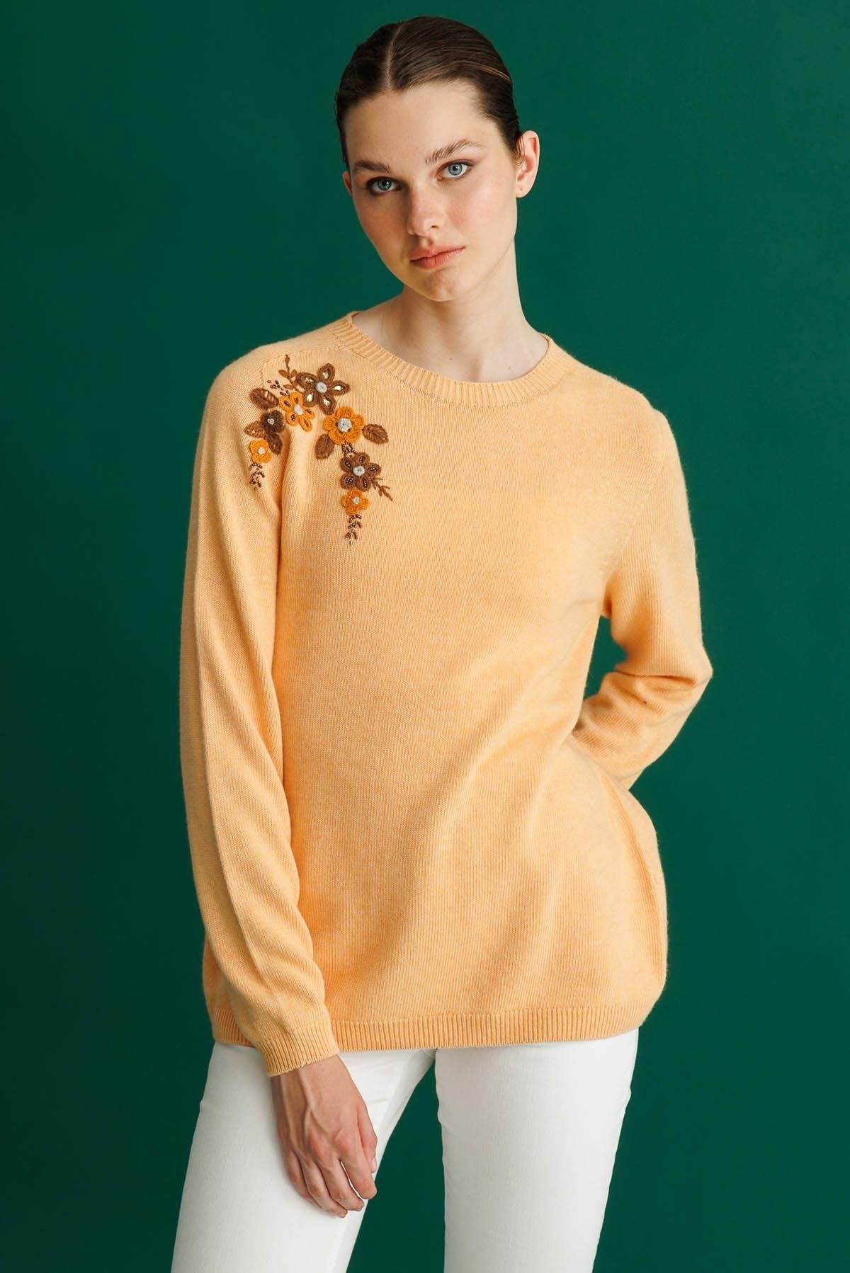 25153Kadın Sıfır Yaka Kaşmir Kazak Somon