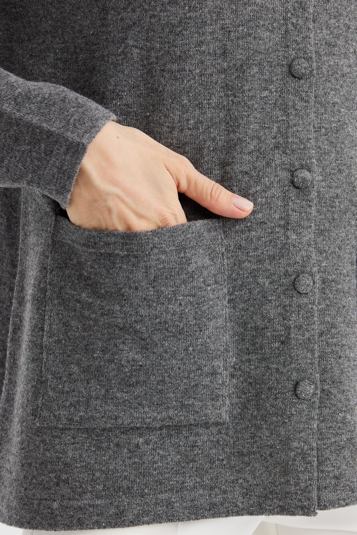 23003Kadın Sıfır Yaka Kenarı Dantel İşlemeli Yün Ceket Füme