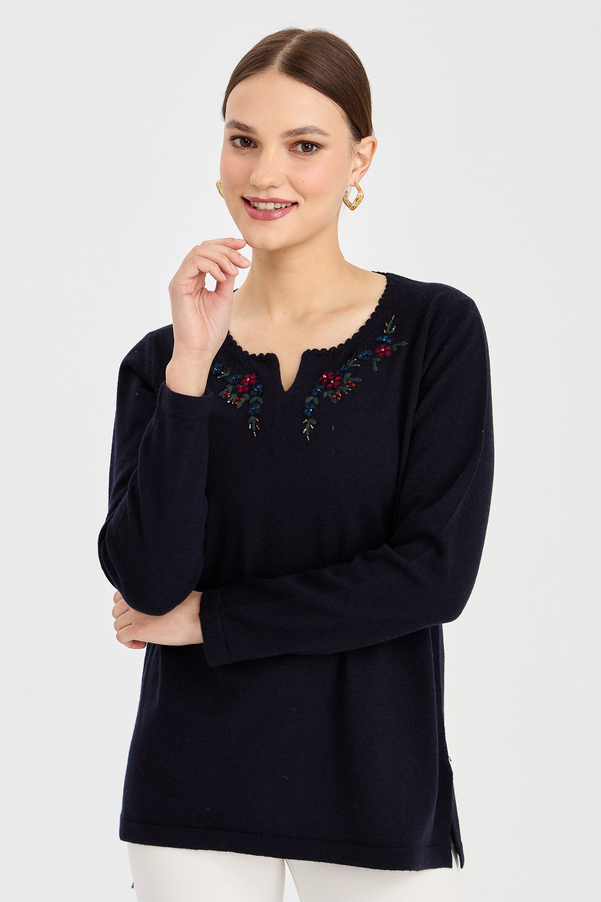 23005Kadın Sıfır Yaka Kenarı Dantel İşlemeli Yün Kazak K.Lacivert