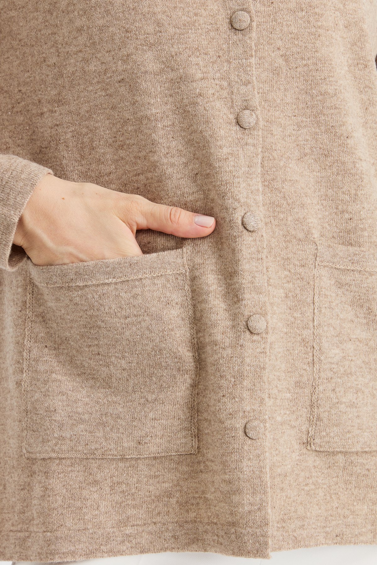 23003Kadın Sıfır Yaka Kenarı Dantel İşlemeli Yün Ceket K.Bej