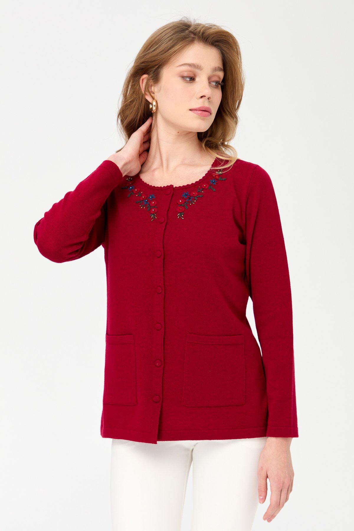 23003Women's Zero Neck Edge Lace Embroidered Wool Jacket Cherry