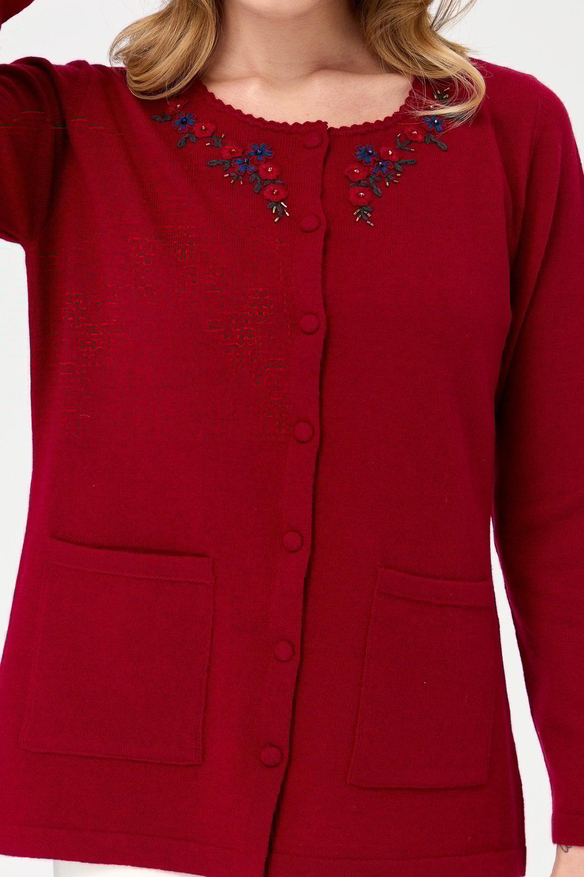 23003Women's Zero Neck Edge Lace Embroidered Wool Jacket Cherry