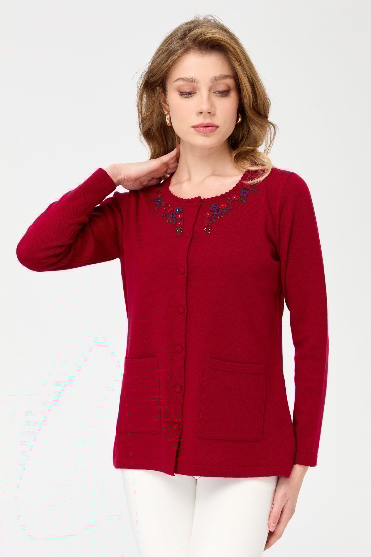 23003Women's Zero Neck Edge Lace Embroidered Wool Jacket Cherry