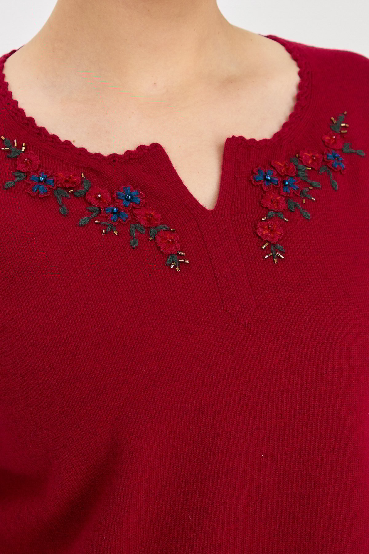 23005Kadın Sıfır Yaka Kenarı Dantel İşlemeli Yün Kazak V.Çürüğü