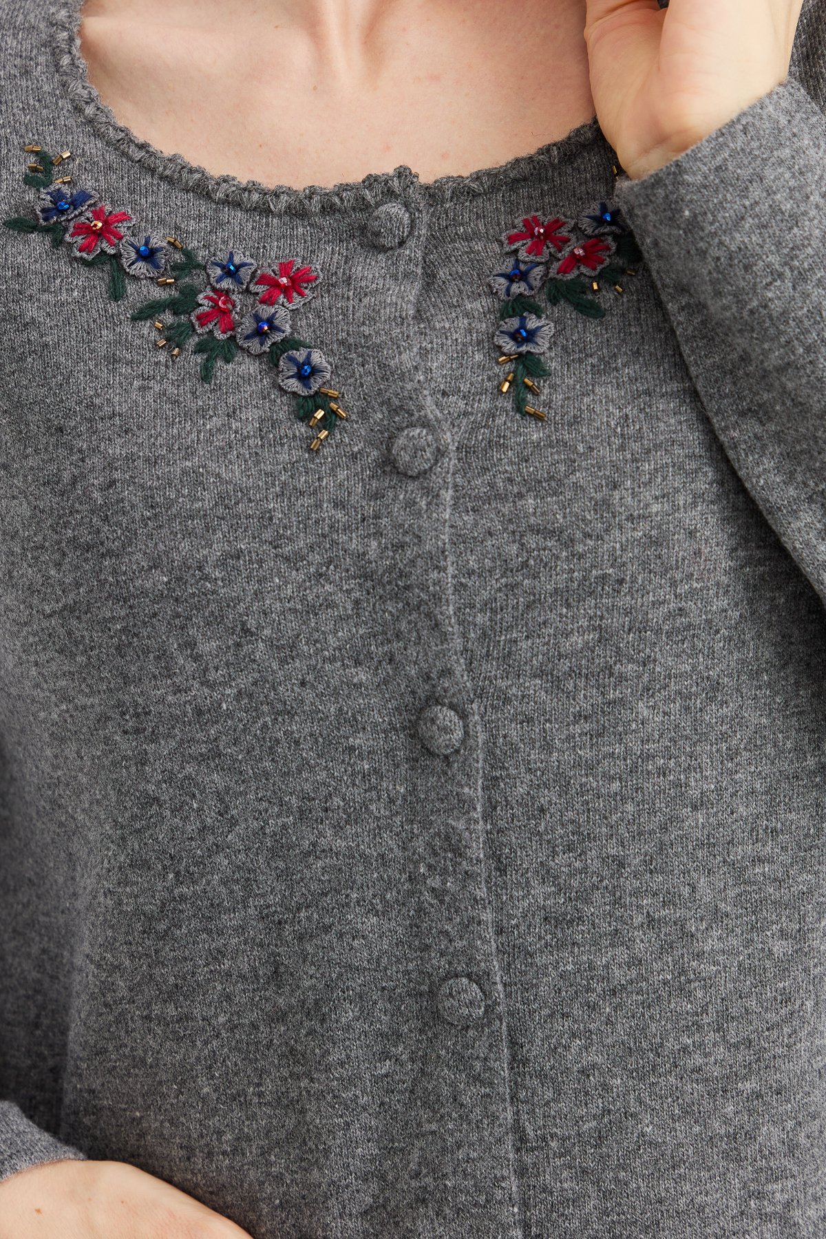 23003Kadın Sıfır Yaka Kenarı Dantel İşlemeli Yün Ceket Füme