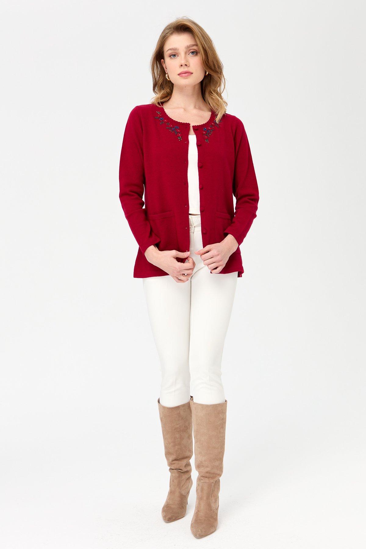 23003Women's Zero Neck Edge Lace Embroidered Wool Jacket Cherry