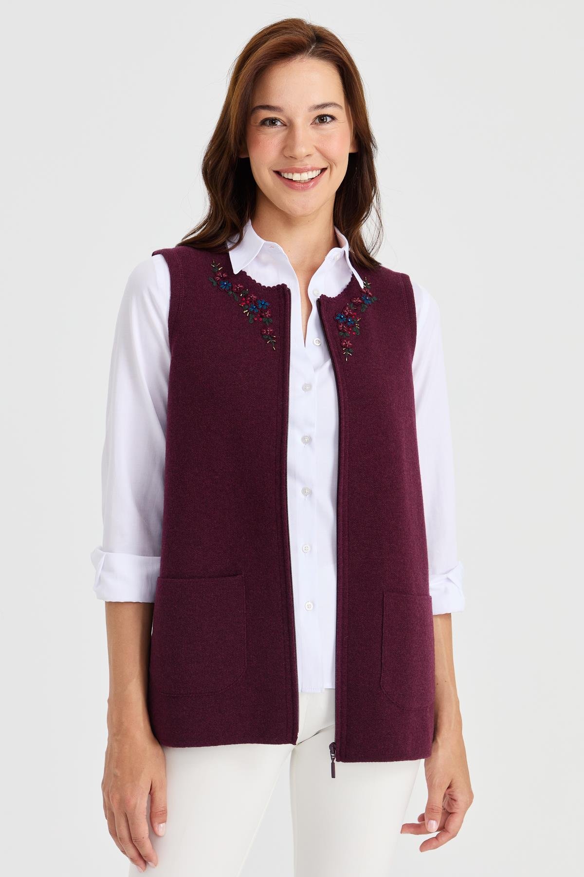 23000Kadın Sıfır Yaka Kenarı Dantel İşlemeli Yün Yelek K.Mürdüm