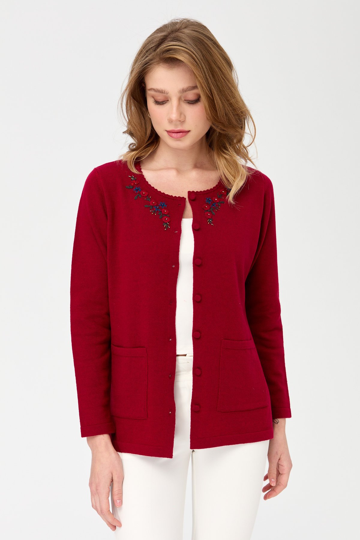 23003Women's Zero Neck Edge Lace Embroidered Wool Jacket Cherry