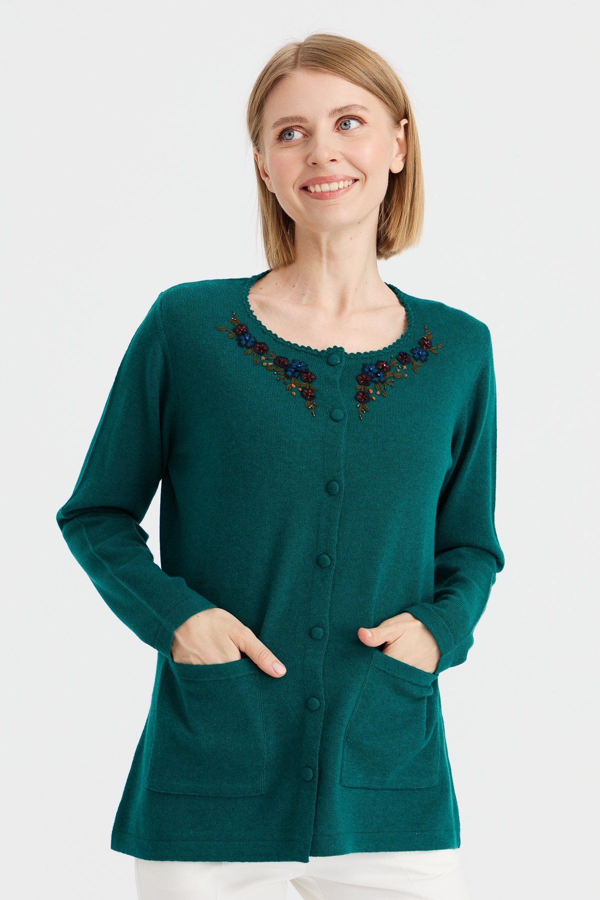 23003Kadın Sıfır Yaka Kenarı Dantel İşlemeli Yün Ceket K.Ö.başı