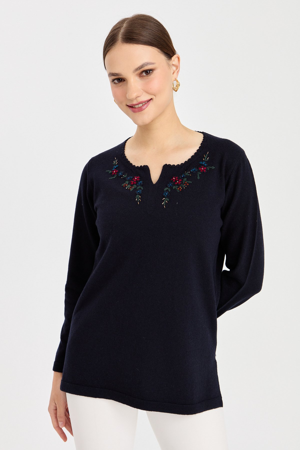 23005Kadın Sıfır Yaka Kenarı Dantel İşlemeli Yün Kazak K.Lacivert