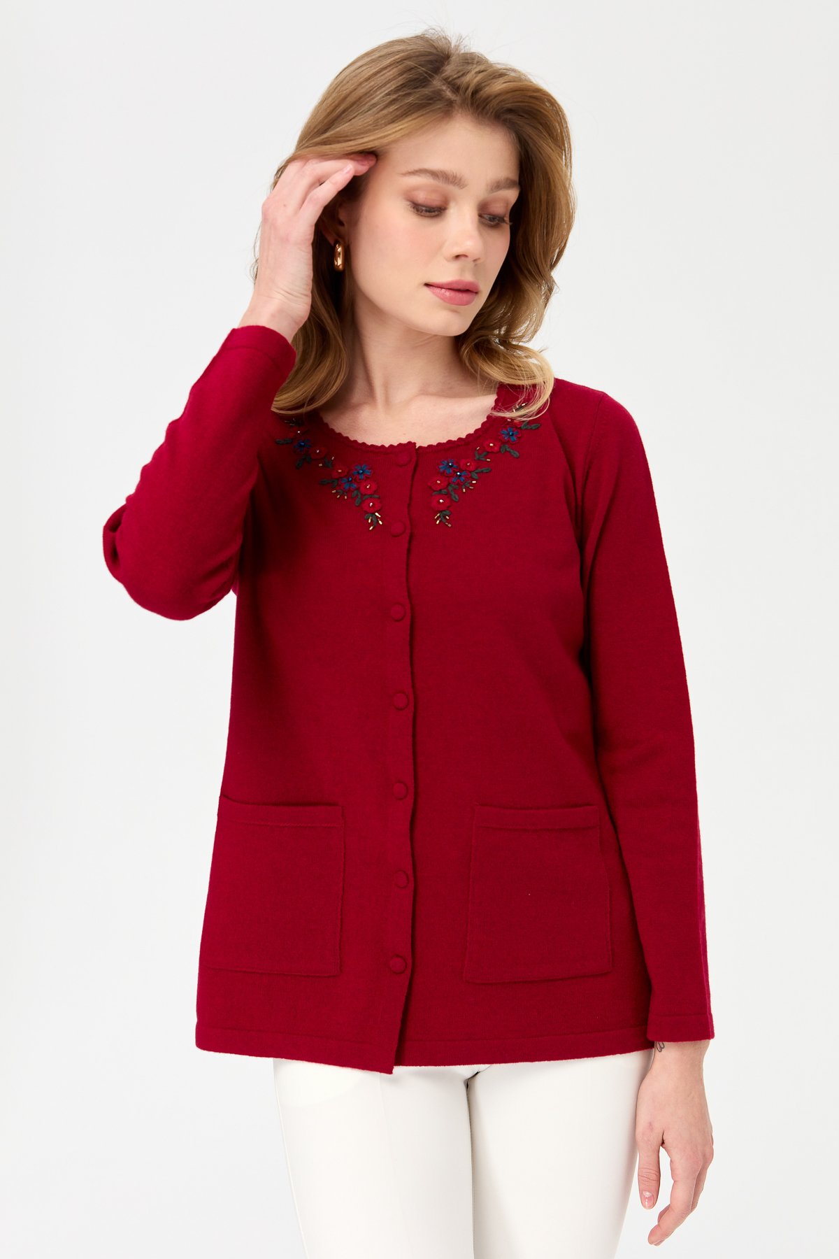 23003Women's Zero Neck Edge Lace Embroidered Wool Jacket Cherry