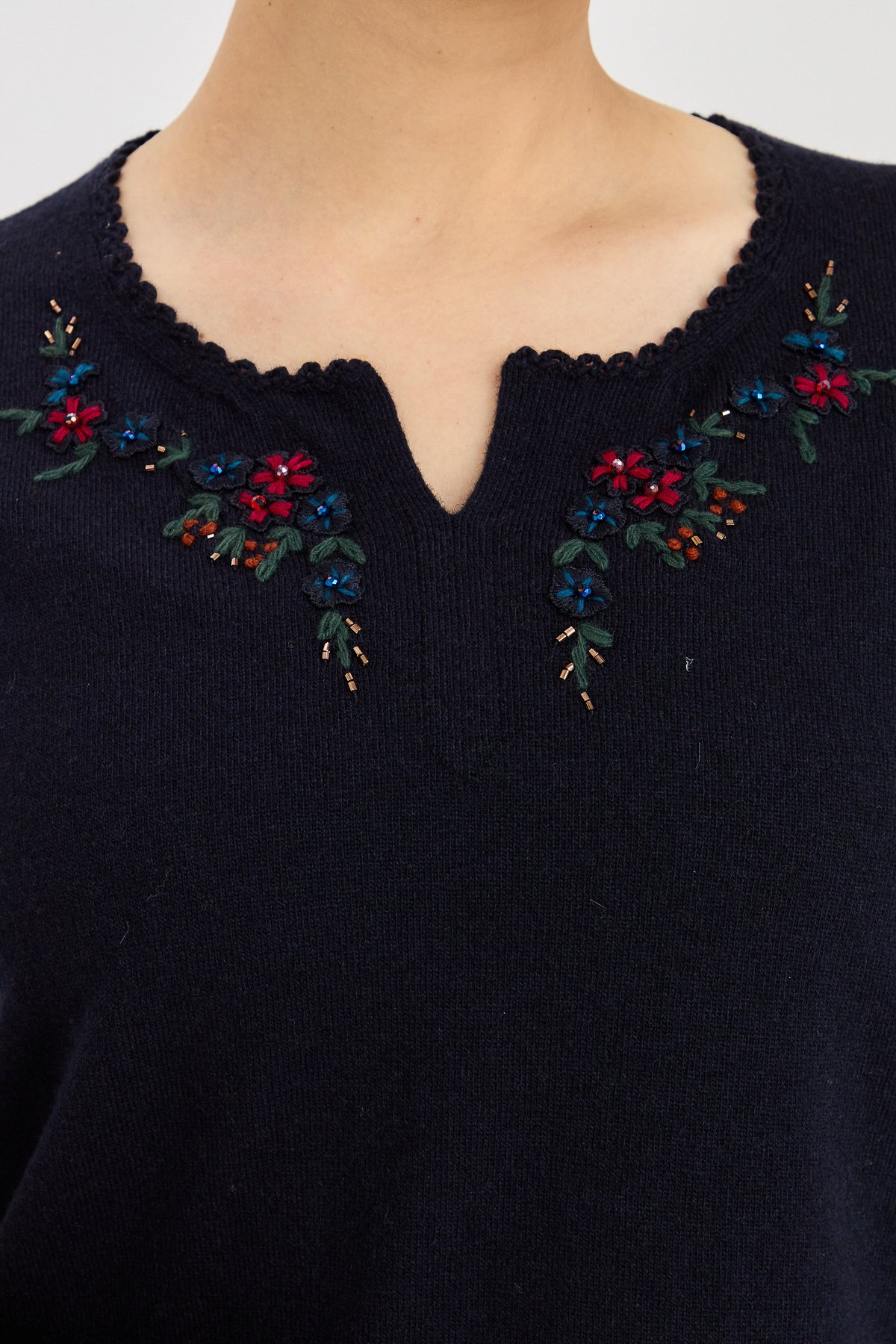 23005Kadın Sıfır Yaka Kenarı Dantel İşlemeli Yün Kazak K.Lacivert