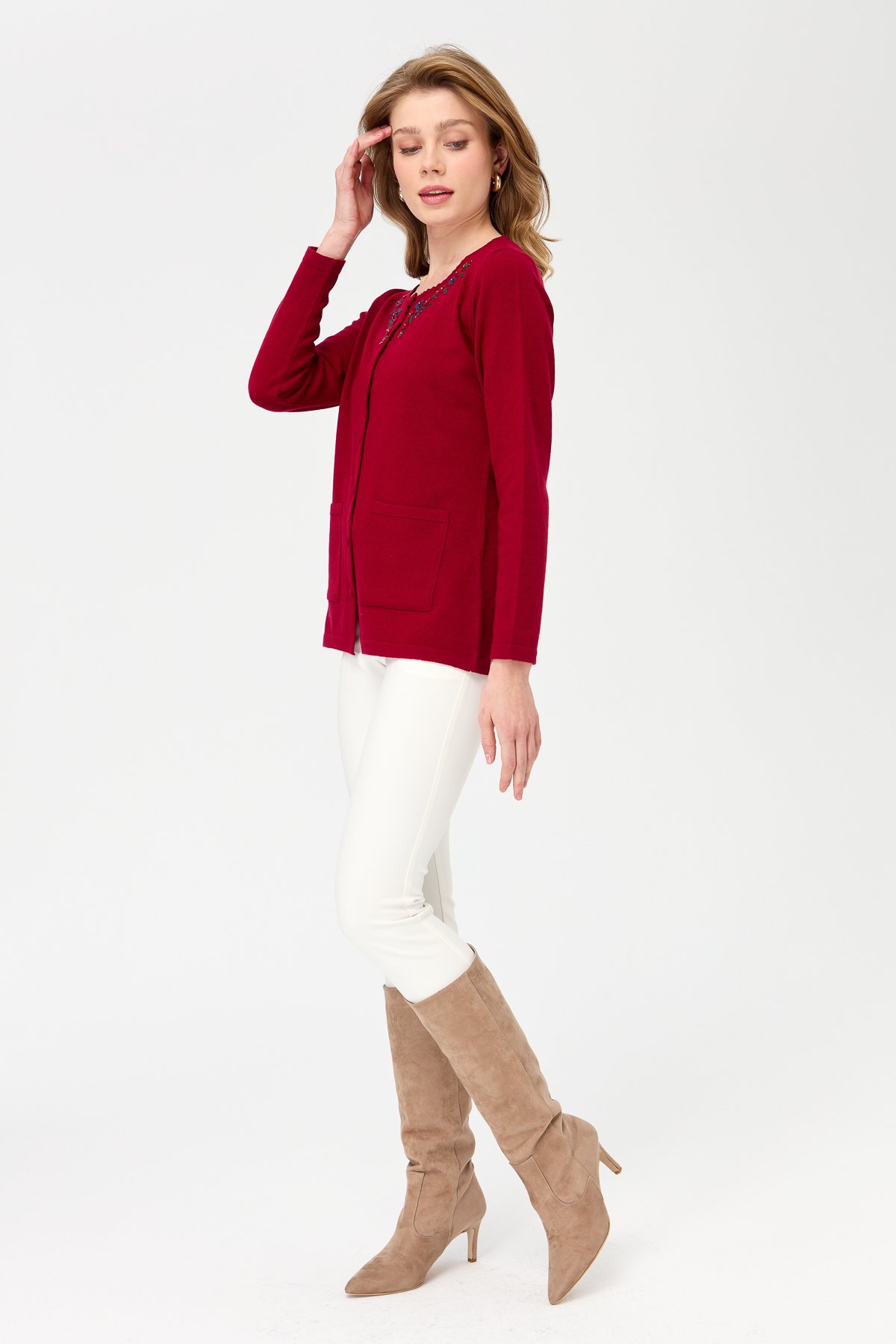 23003Women's Zero Neck Edge Lace Embroidered Wool Jacket Cherry