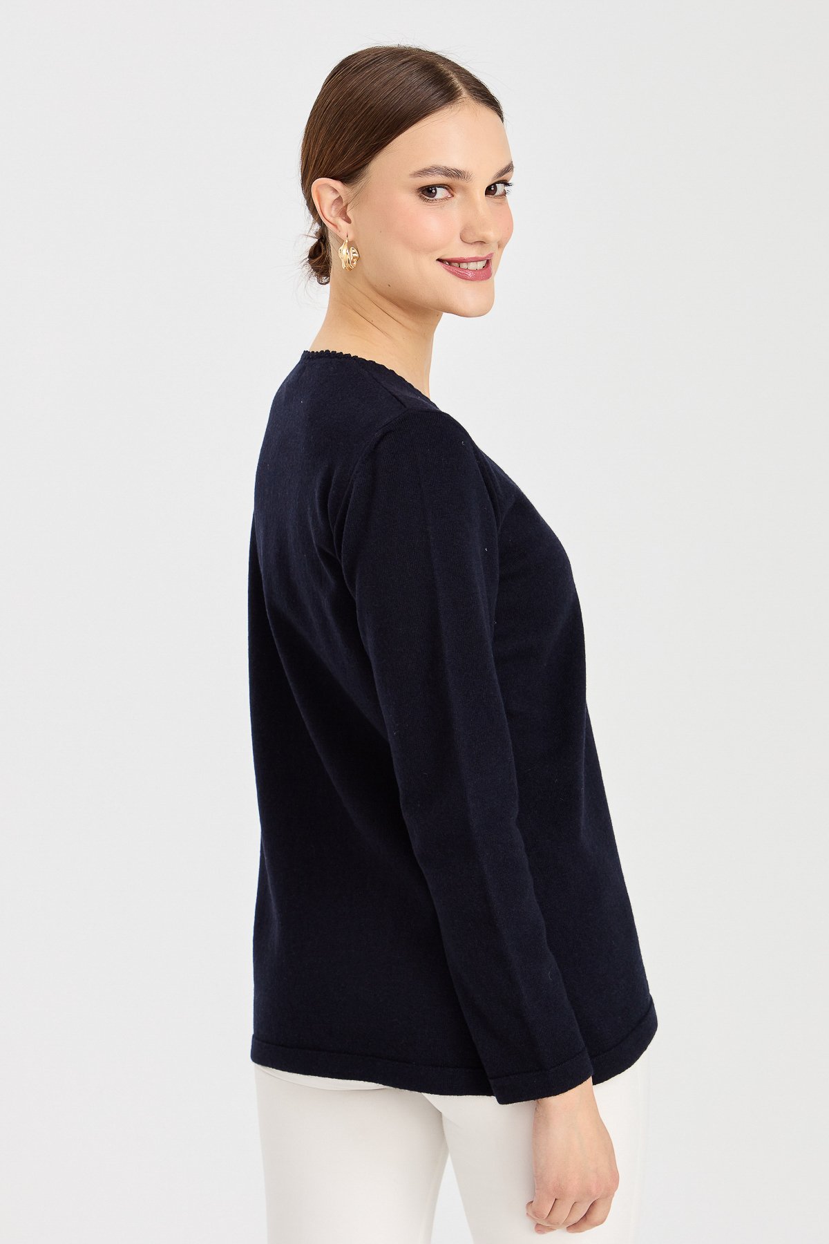 23005Kadın Sıfır Yaka Kenarı Dantel İşlemeli Yün Kazak K.Lacivert