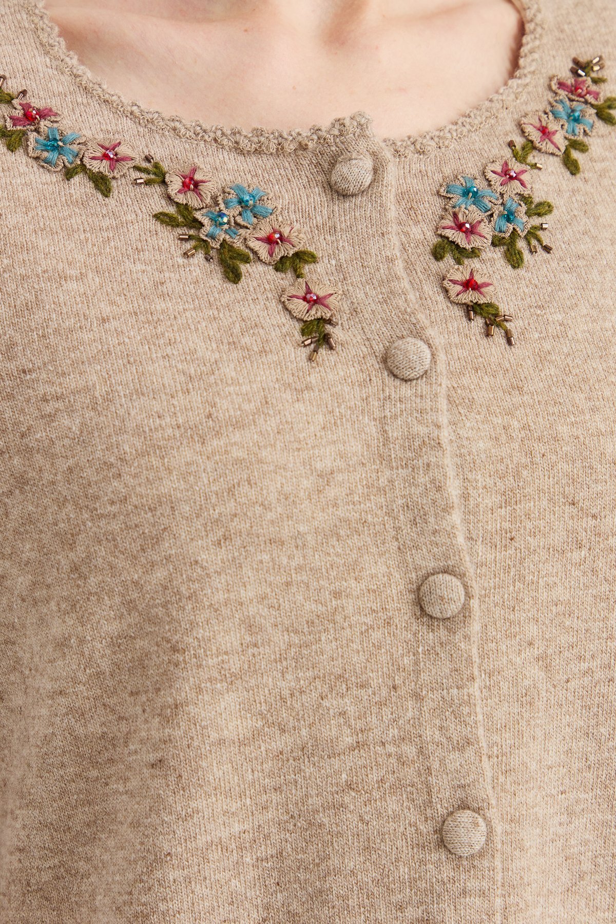 23003Kadın Sıfır Yaka Kenarı Dantel İşlemeli Yün Ceket K.Bej