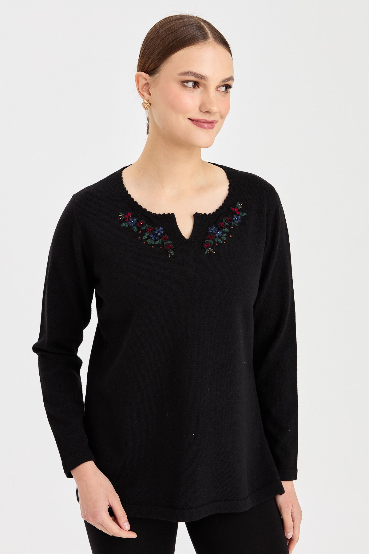 23005Kadın Sıfır Yaka Kenarı Dantel İşlemeli Yün Kazak Siyah