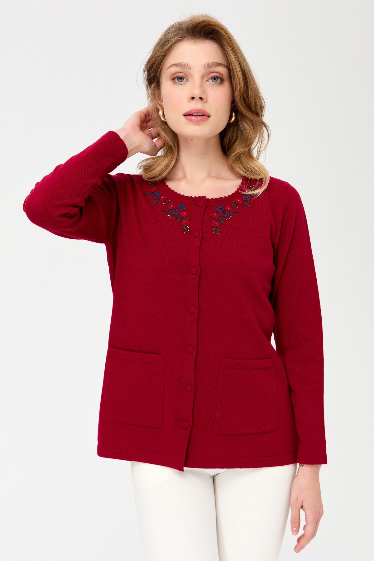 23003Women's Zero Neck Edge Lace Embroidered Wool Jacket Cherry