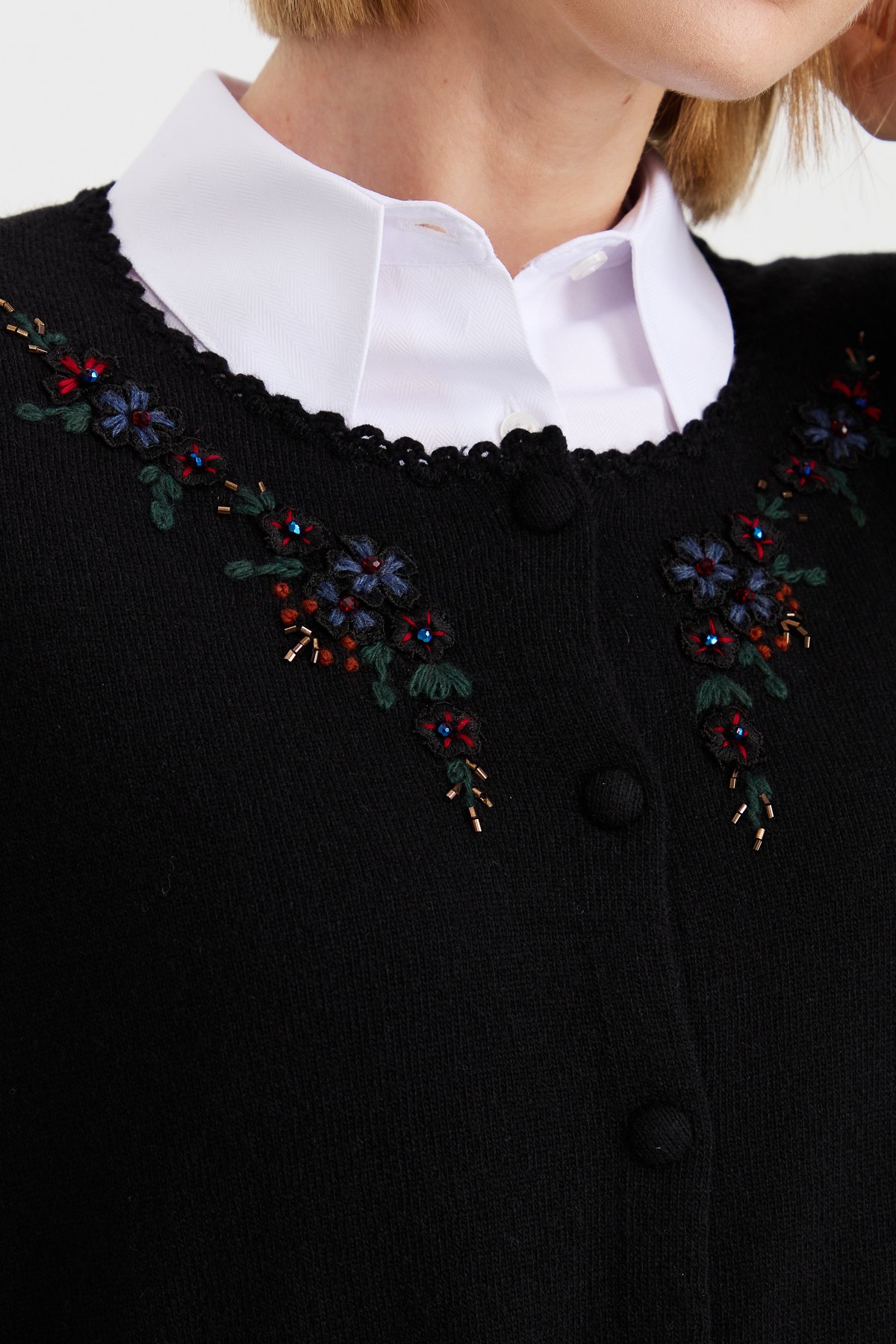 23003Women's Zero Neck Edge Lace Embroidered Wool Jacket Black