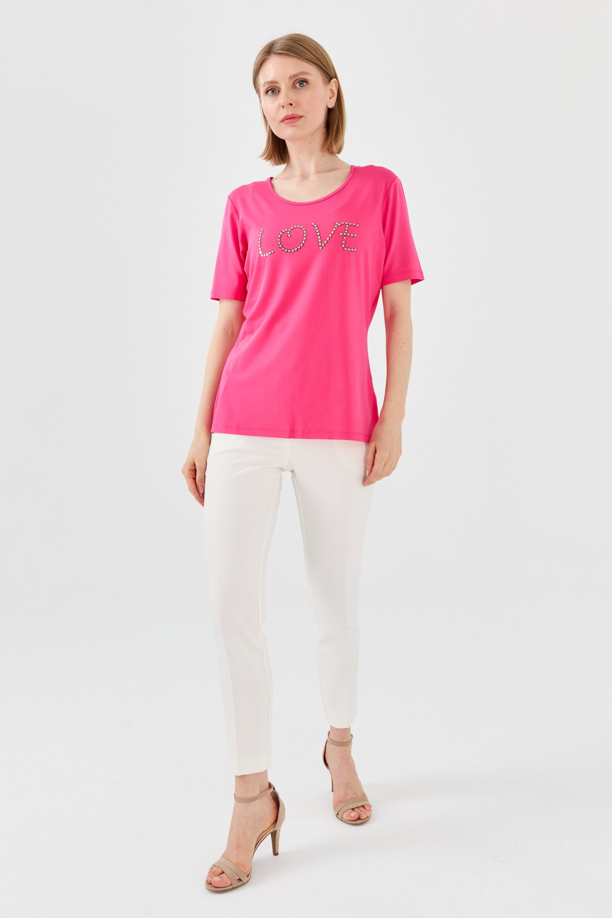 9868Женская футболка из хлопка с круглым вырезом, короткими рукавами и надписью Love, фуксия