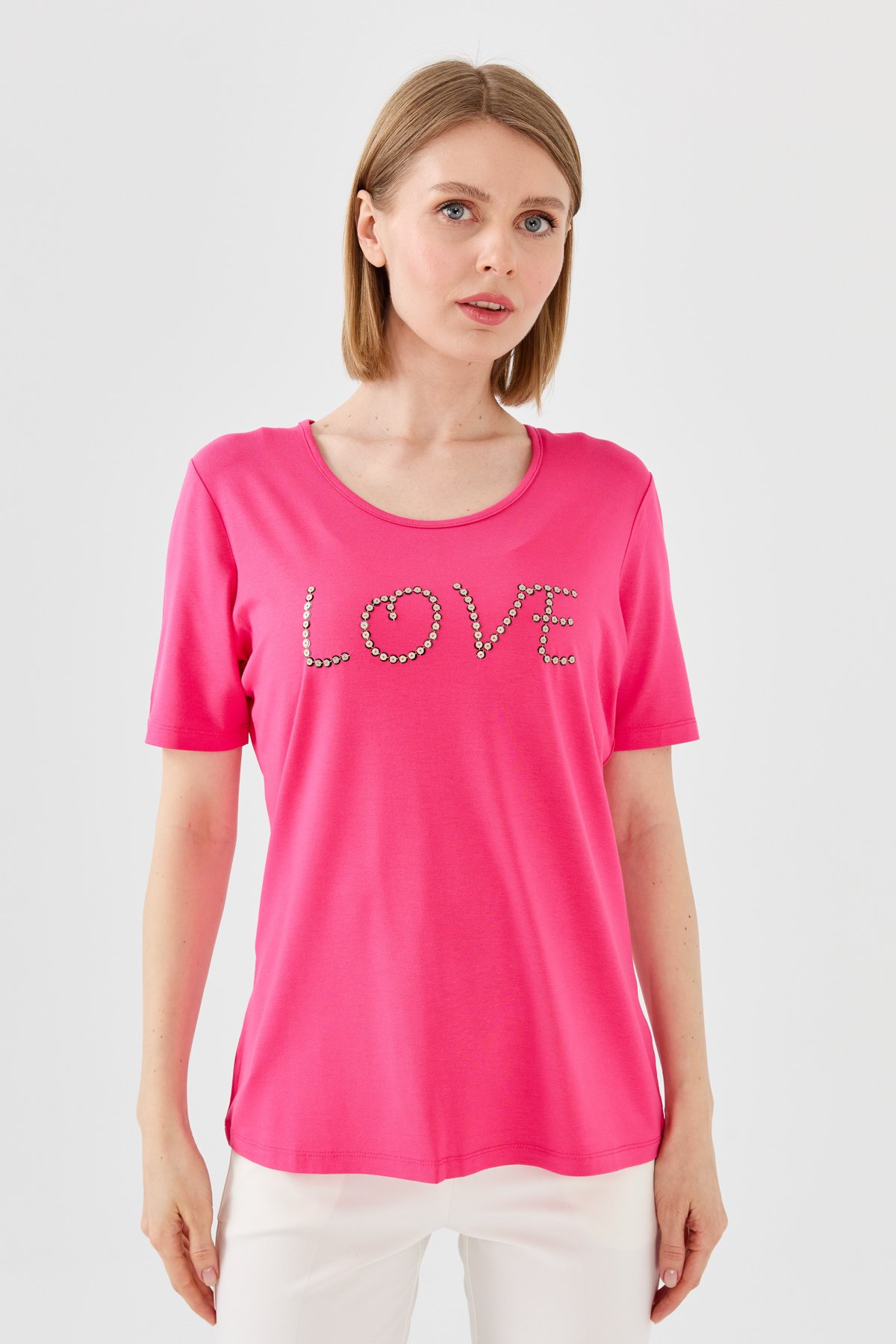 9868Женская футболка из хлопка с круглым вырезом, короткими рукавами и надписью Love, фуксия