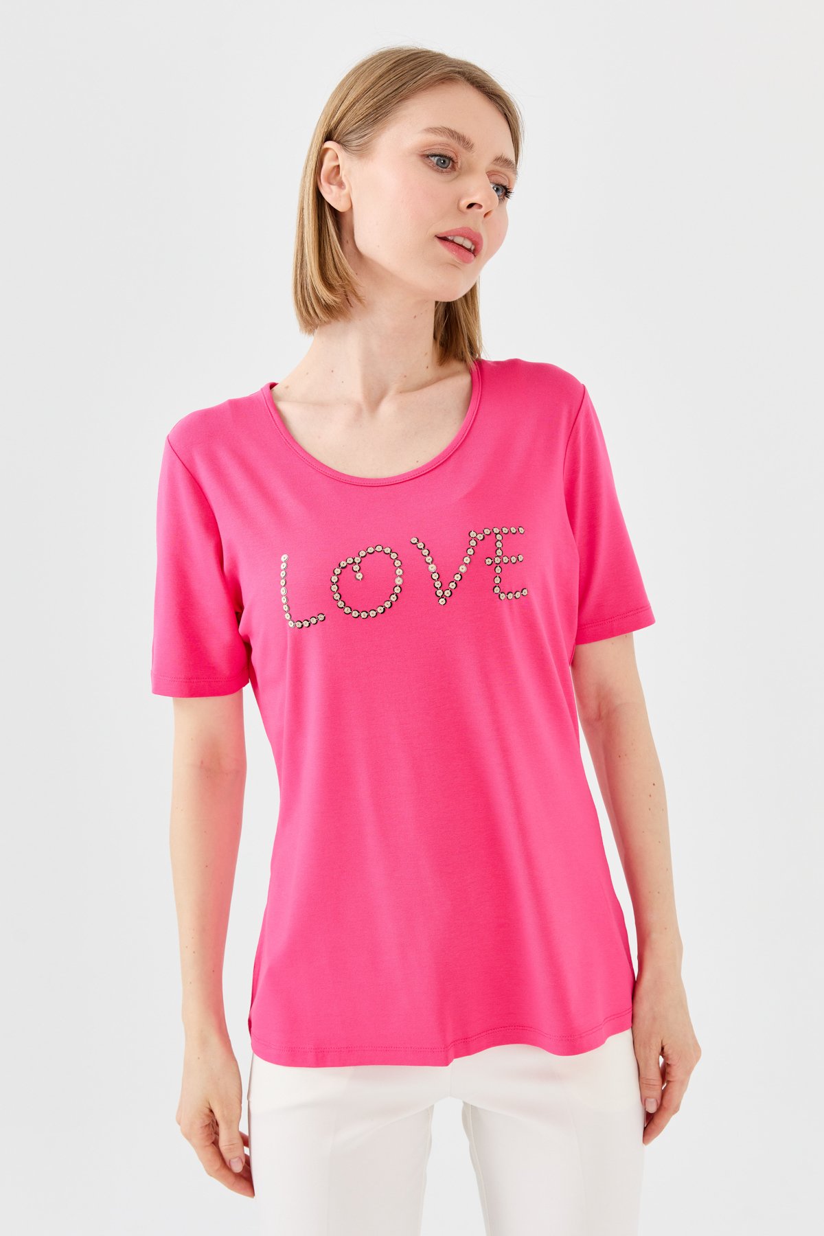 9868Женская футболка из хлопка с круглым вырезом, короткими рукавами и надписью Love, фуксия
