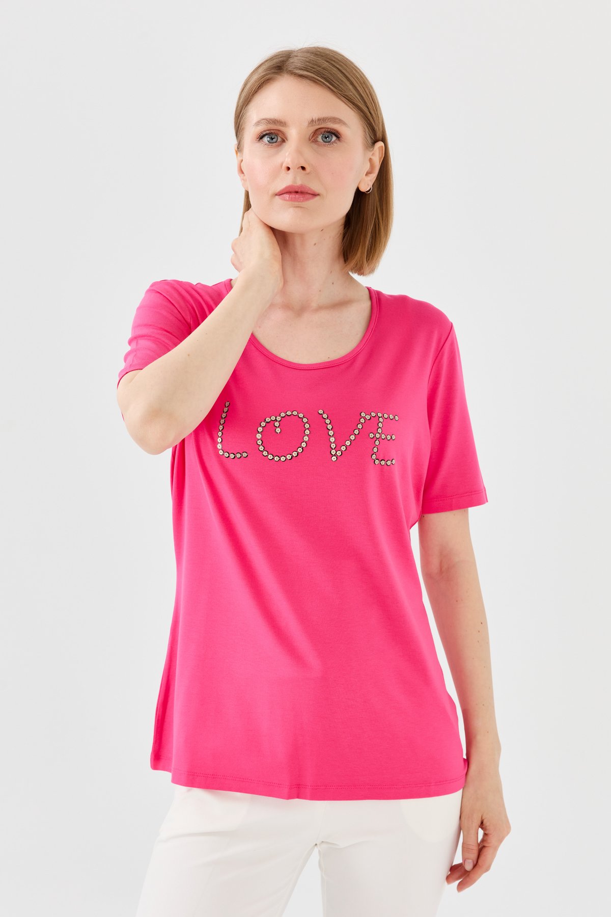 9868Женская футболка из хлопка с круглым вырезом, короткими рукавами и надписью Love, фуксия