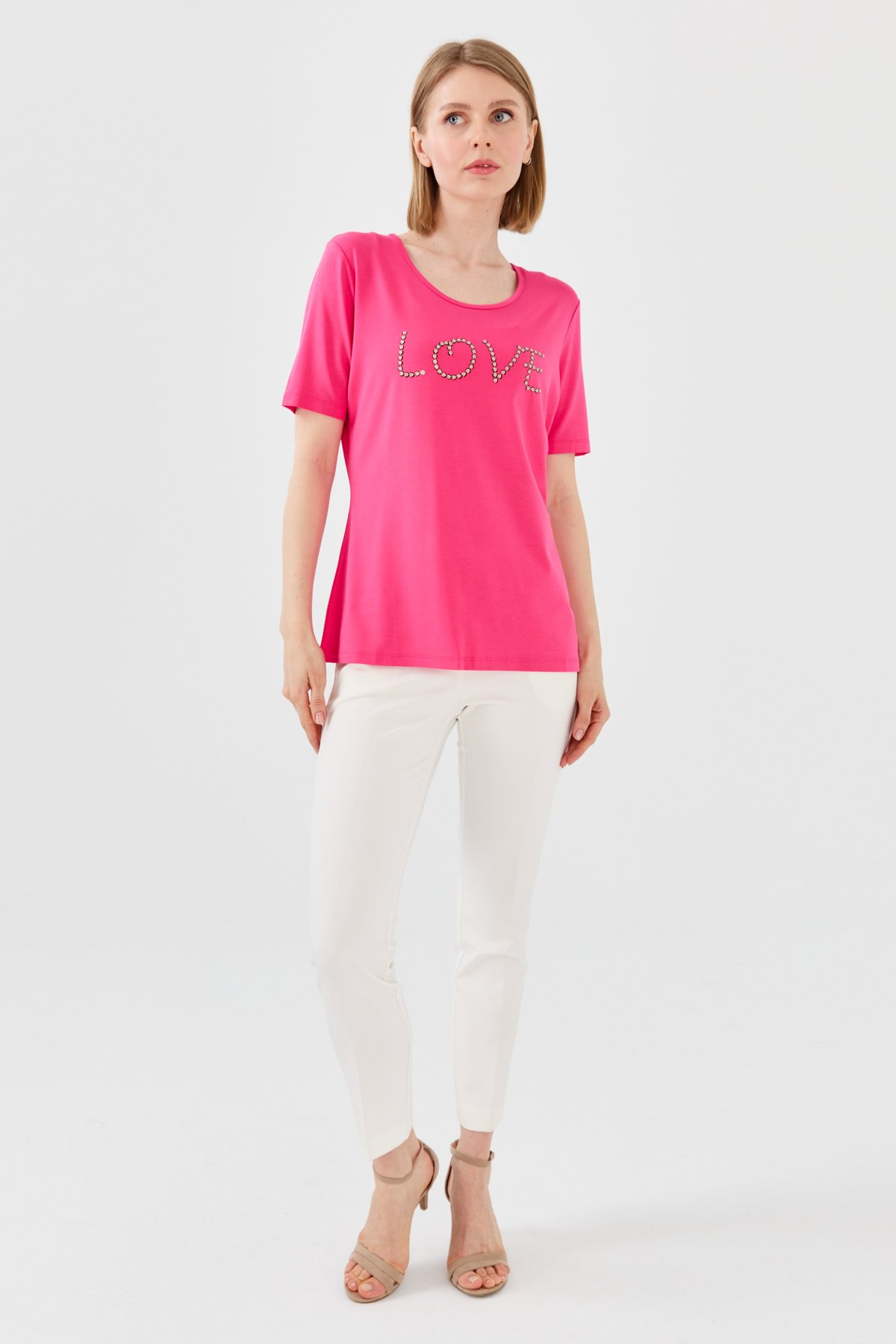 9868Женская футболка из хлопка с круглым вырезом, короткими рукавами и надписью Love, фуксия