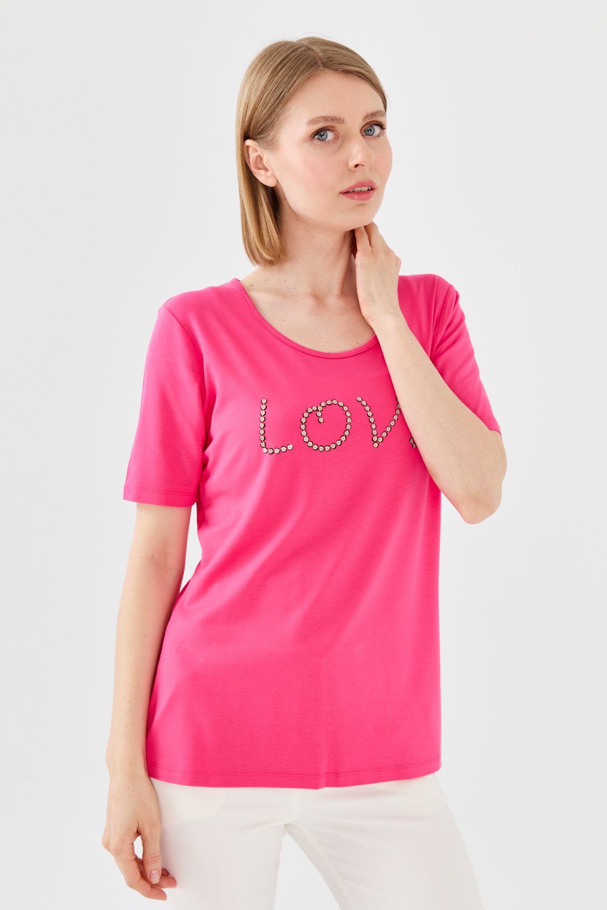 9868Женская футболка из хлопка с круглым вырезом, короткими рукавами и надписью Love, фуксия