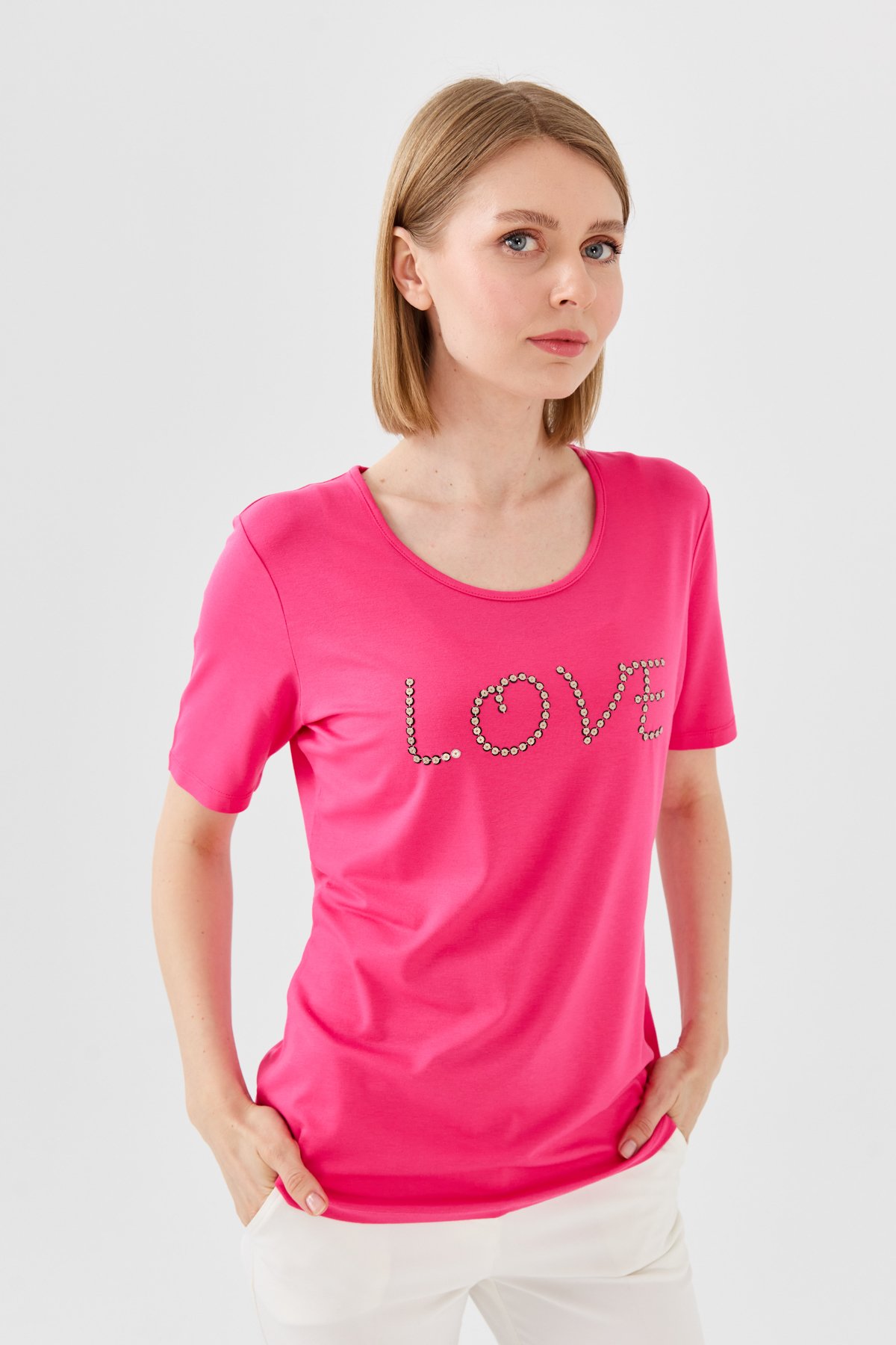 9868Женская футболка из хлопка с круглым вырезом, короткими рукавами и надписью Love, фуксия