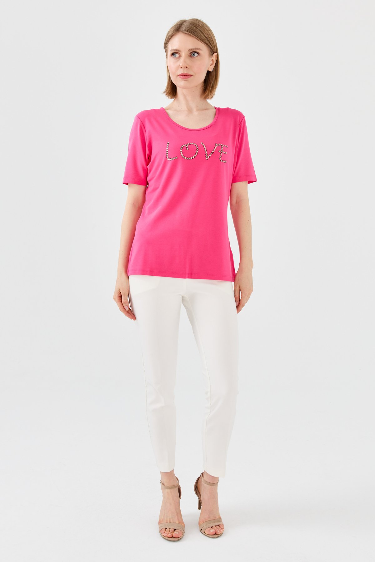 9868Женская футболка из хлопка с круглым вырезом, короткими рукавами и надписью Love, фуксия