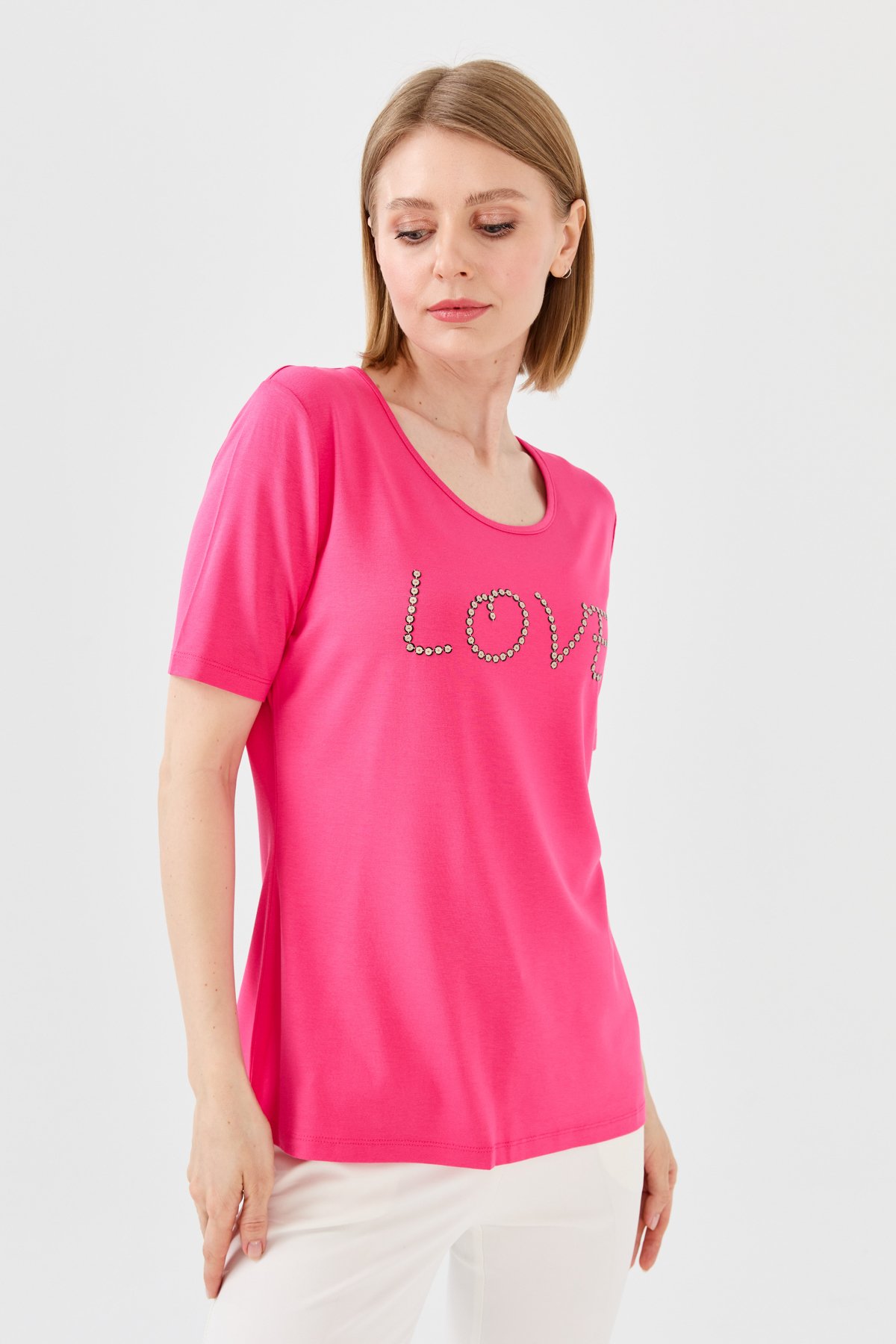 9868Женская футболка из хлопка с круглым вырезом, короткими рукавами и надписью Love, фуксия
