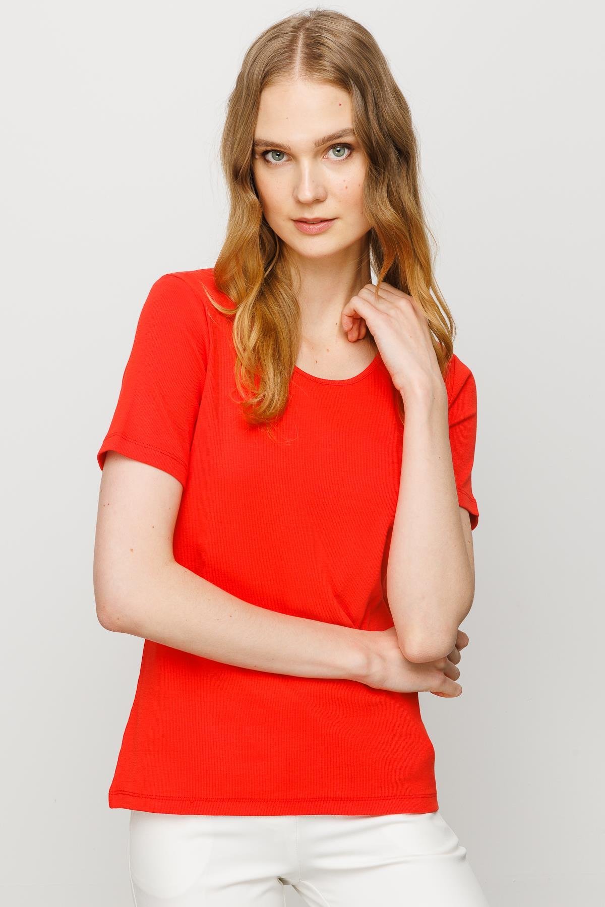 23755Kadın Sıfır Yaka Kısa Kol Pamuk Kaşkorse T-shirt Oranj