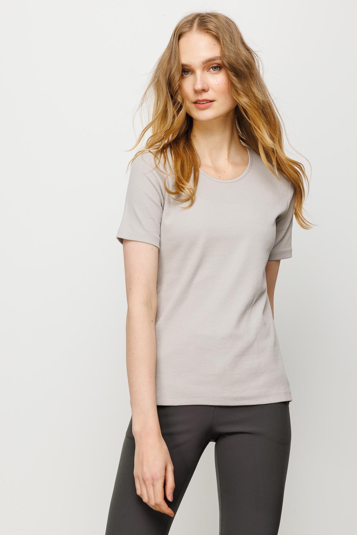 23755Kadın Sıfır Yaka Kısa Kol Pamuk Kaşkorse T-shirt Taş