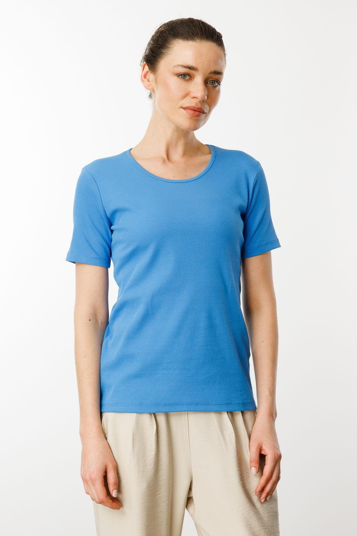 23755Kadın Sıfır Yaka Kısa Kol Pamuk Kaşkorse T-shirt Mavi