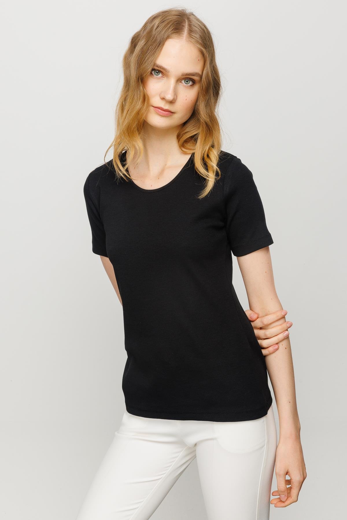 23755Kadın Sıfır Yaka Kısa Kol Pamuk Kaşkorse T-shirt Siyah