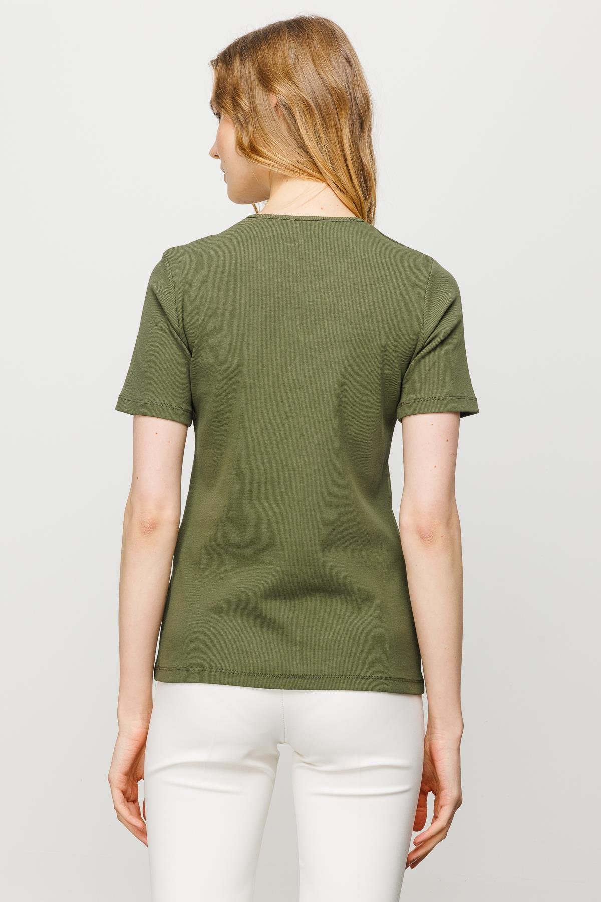 23755Kadın Sıfır Yaka Kısa Kol Pamuk Kaşkorse T-shirt Haki