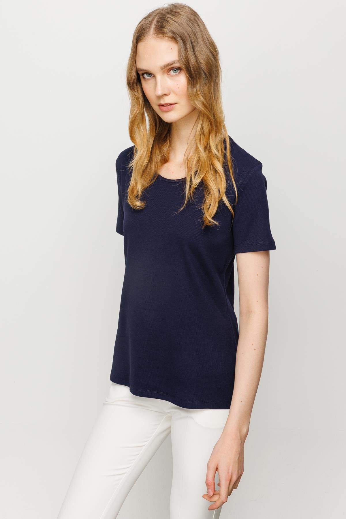 23755Kadın Sıfır Yaka Kısa Kol Pamuk Kaşkorse T-shirt Lacivert