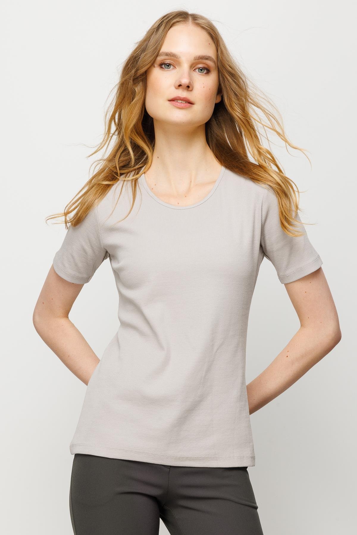 23755Kadın Sıfır Yaka Kısa Kol Pamuk Kaşkorse T-shirt Taş