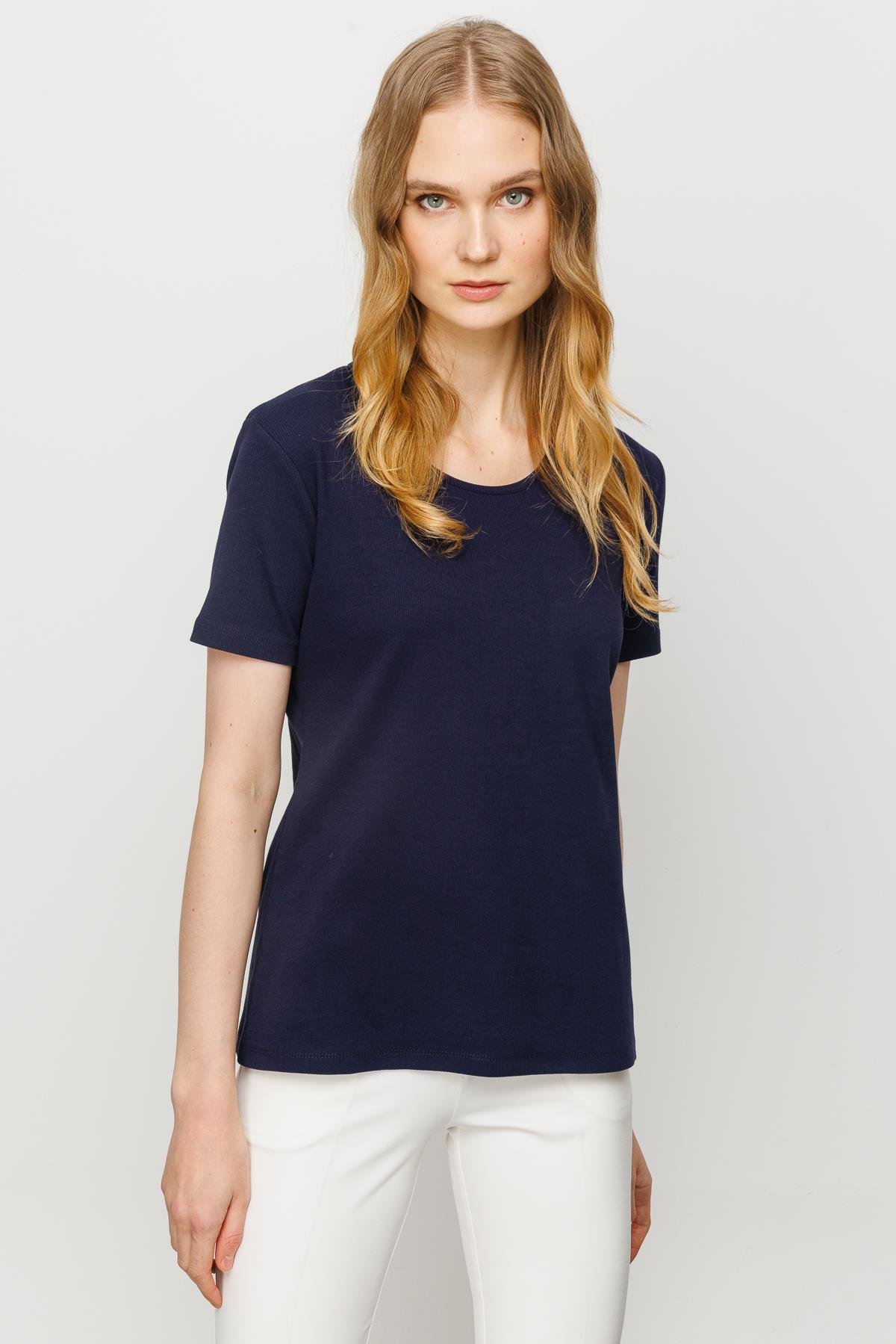 23755Kadın Sıfır Yaka Kısa Kol Pamuk Kaşkorse T-shirt Lacivert