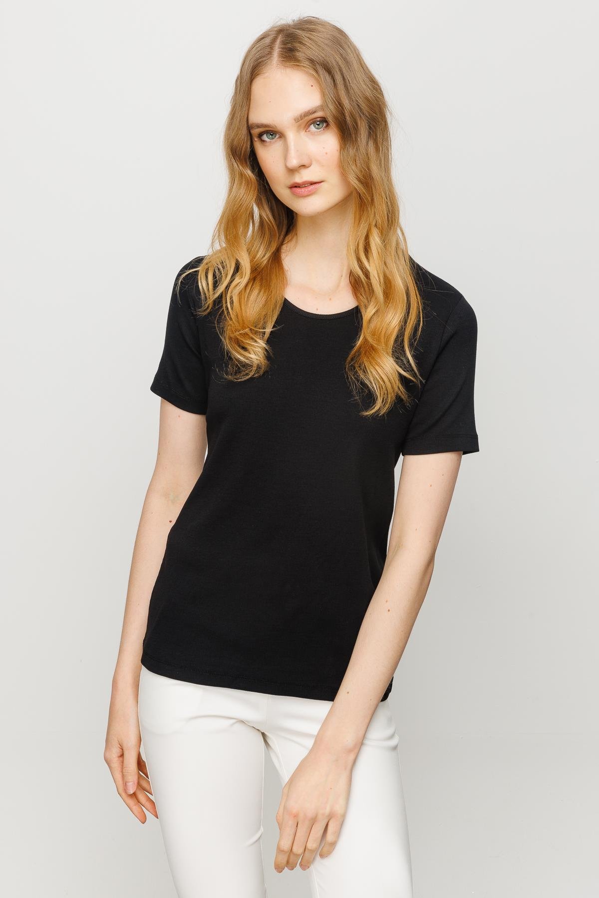 23755Kadın Sıfır Yaka Kısa Kol Pamuk Kaşkorse T-shirt Siyah